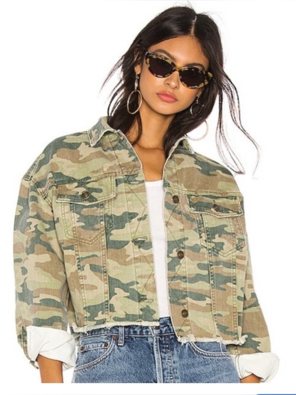 Free People Camo Printed Cropped Denim Jacket Raw Hem Size S